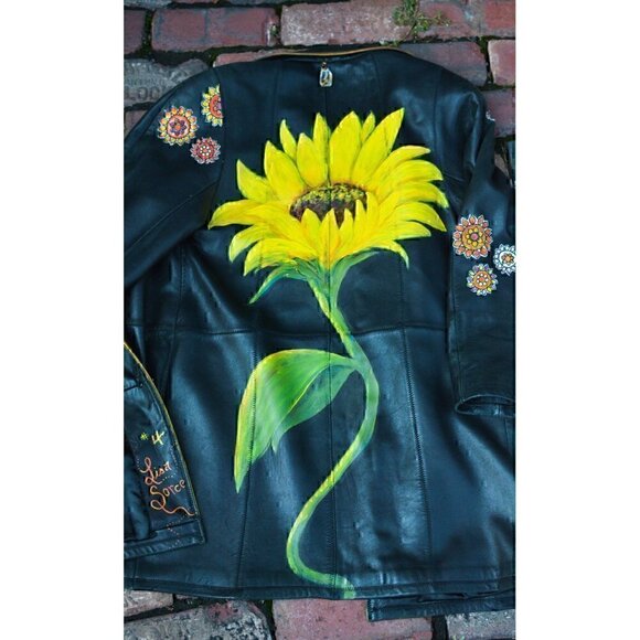 Vintage black leather coat; hand painted fiber art, sunflower sz M - Picture 8 of 16